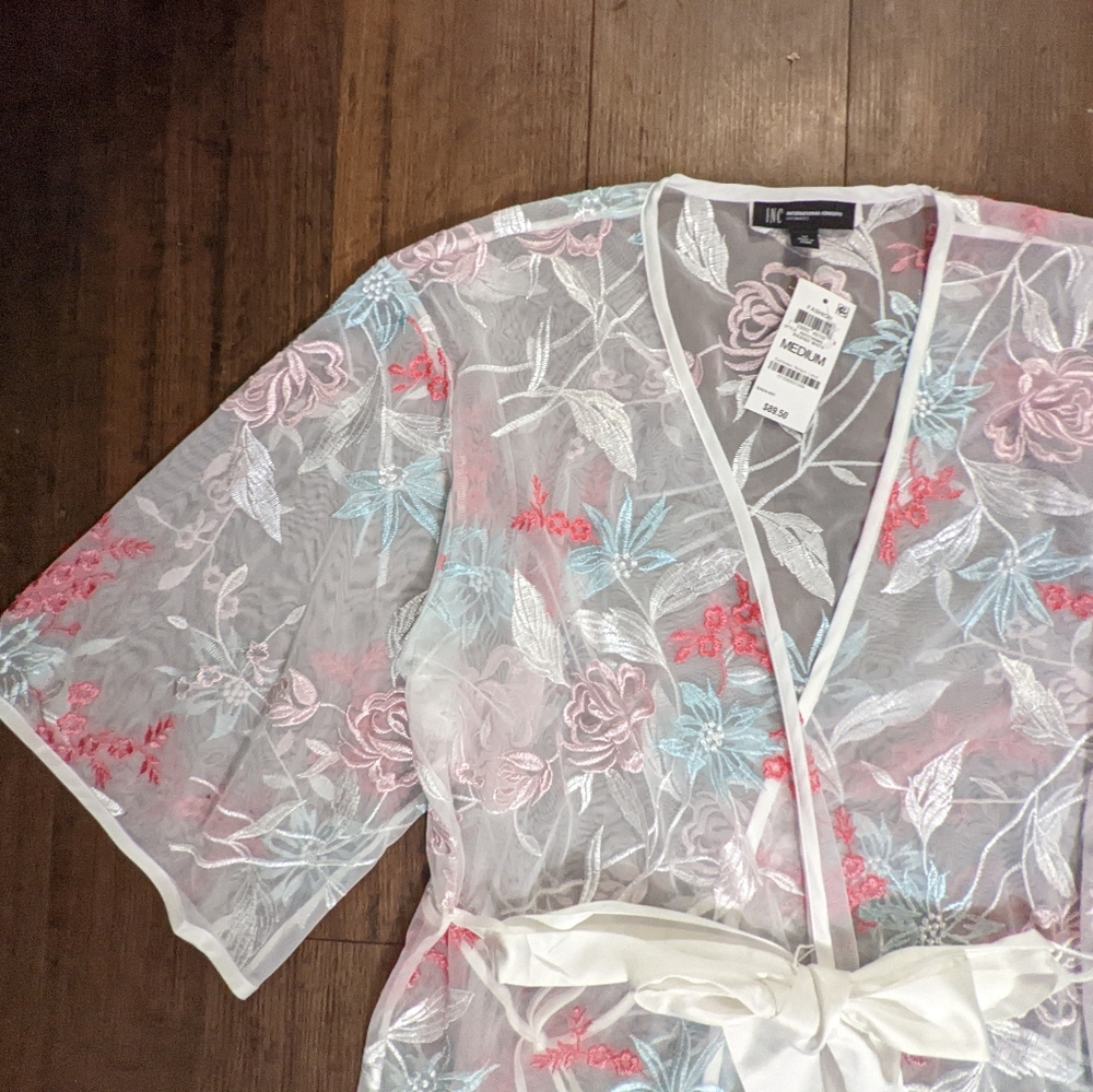 INC Intimates Floral Embroidered Kimono Robe Medium - Picture 2 of 5